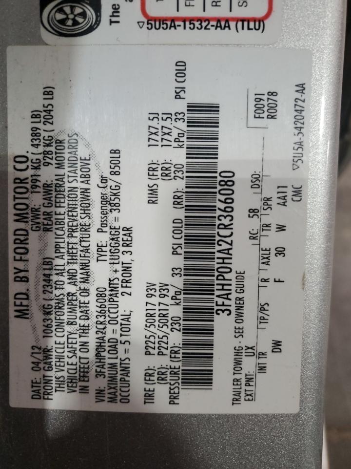 2012 Ford Fusion Se VIN: 3FAHP0HA2CR366080 Lot: 81335965