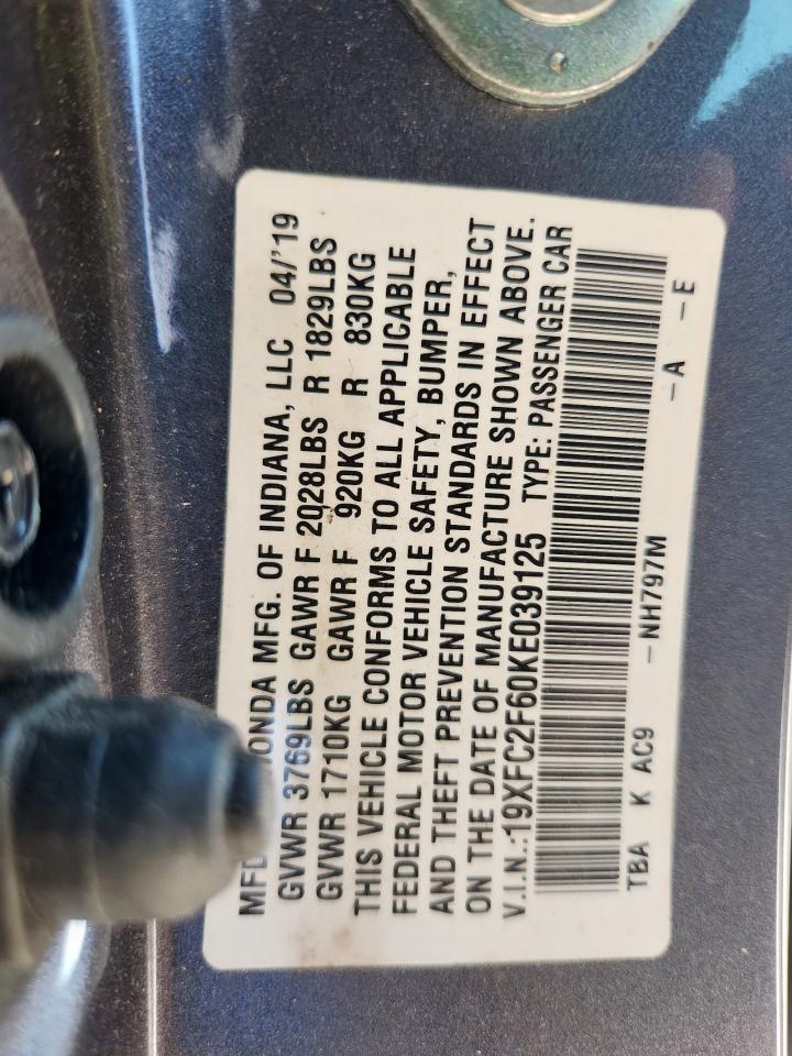 2019 Honda Civic Lx VIN: 19XFC2F60KE039125 Lot: 71107085