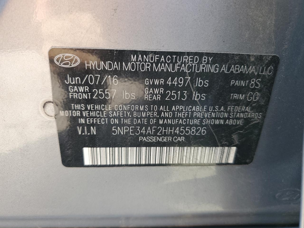 2017 Hyundai Sonata Sport VIN: 5NPE34AF2HH455826 Lot: 81132255