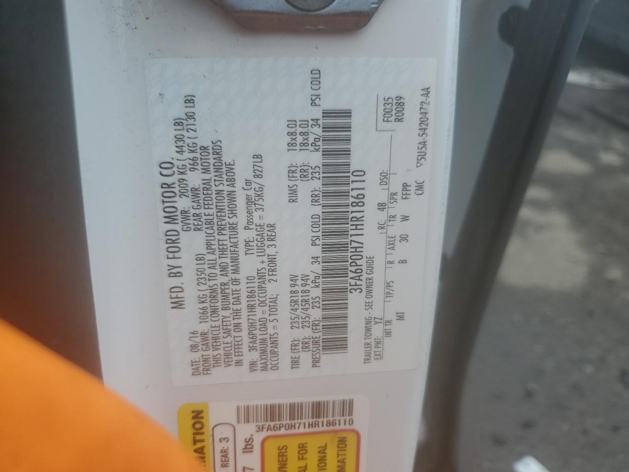 2017 Ford Fusion Se VIN: 3FA6P0H71HR186110 Lot: 81076695