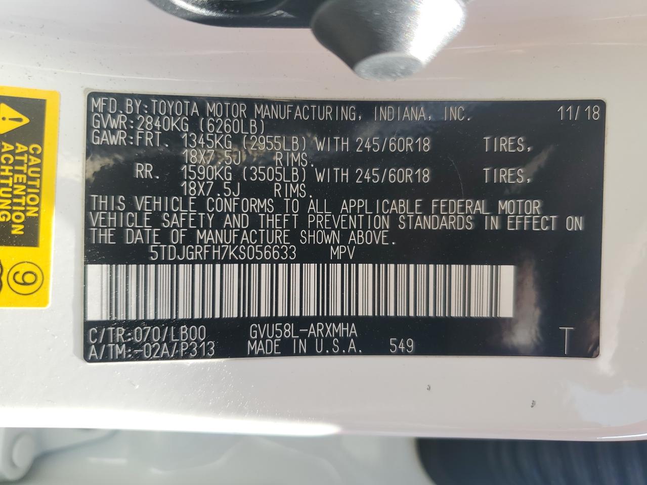 2019 Toyota Highlander Hybrid VIN: 5TDJGRFH7KS056633 Lot: 81430445