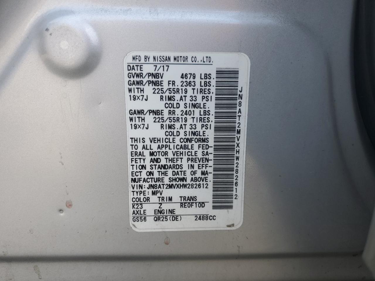 2017 Nissan Rogue S VIN: JN8AT2MVXHW282612 Lot: 72017735