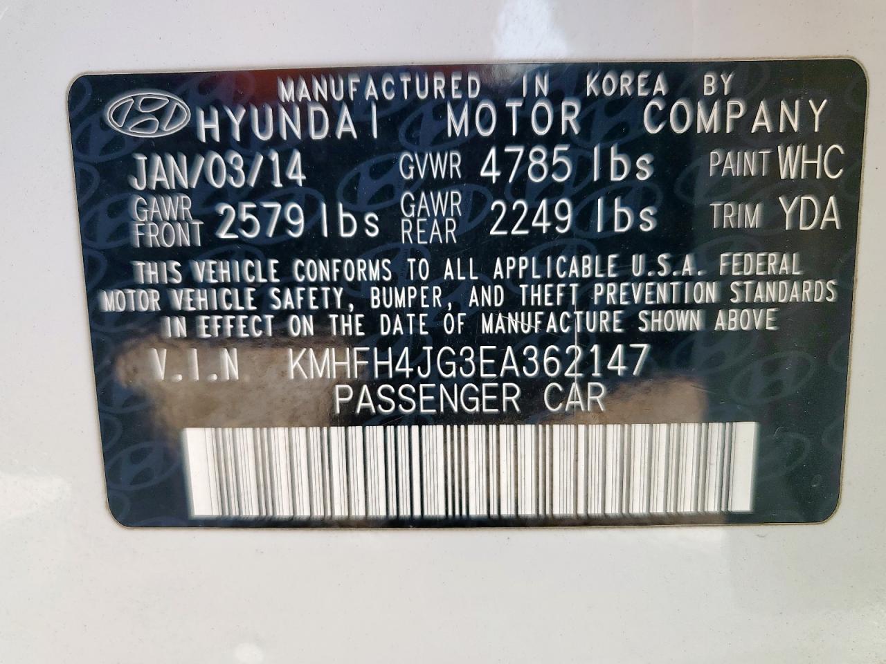 2014 Hyundai Azera Gls VIN: KMHFH4JG3EA362147 Lot: 81316465