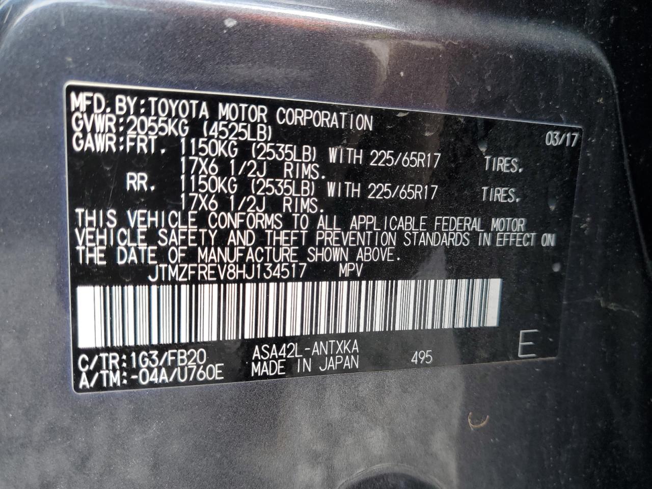 2017 Toyota Rav4 Le VIN: JTMZFREV8HJ134517 Lot: 70545245