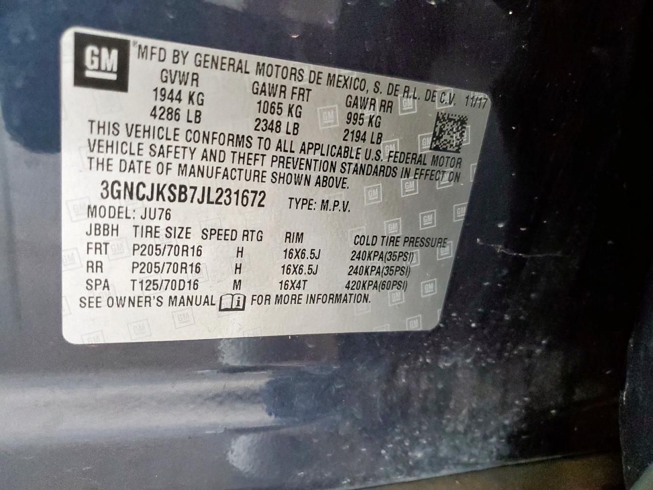 2018 Chevrolet Trax Ls VIN: 3GNCJKSB7JL231672 Lot: 80119635