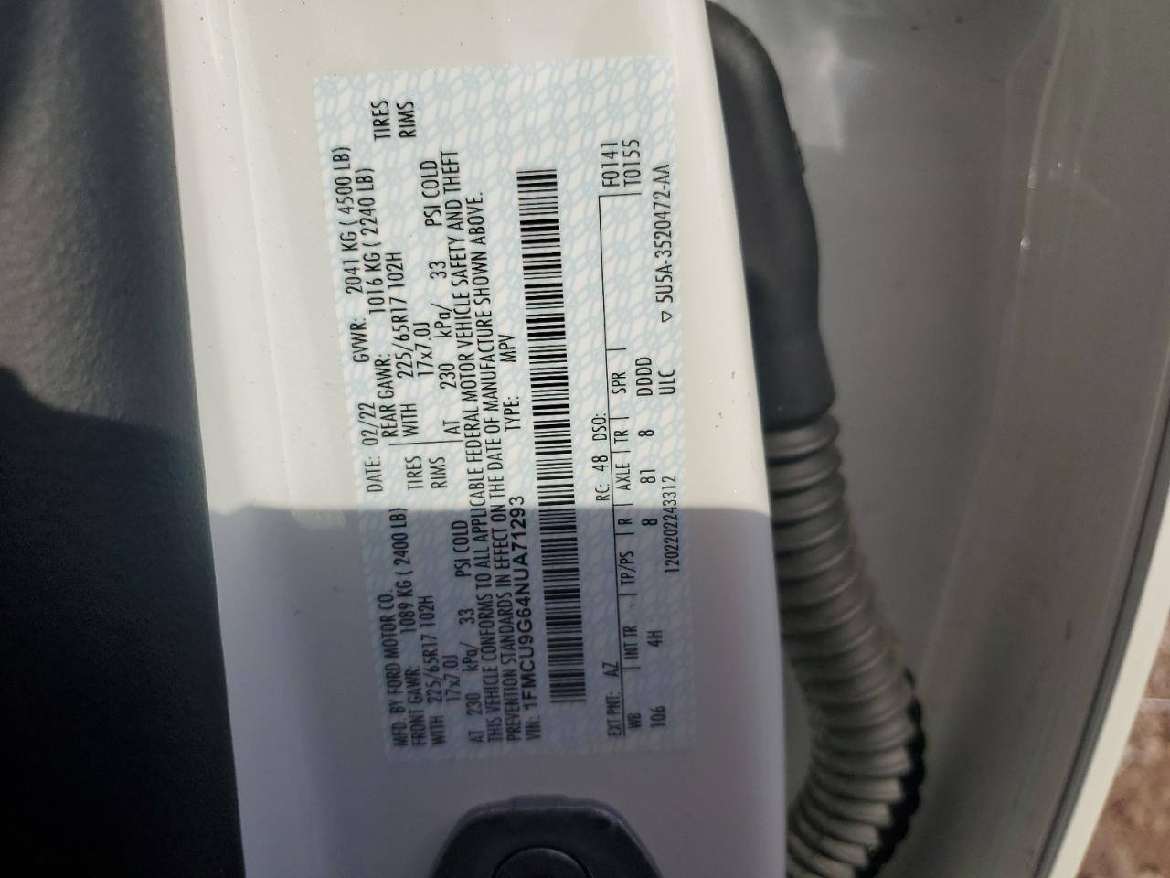 2022 Ford Escape Se VIN: 1FMCU9G64NUA71293 Lot: 71972425