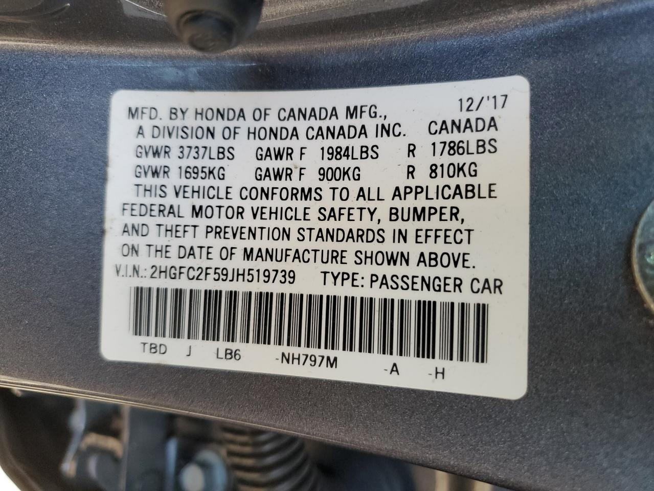 2018 Honda Civic Lx VIN: 2HGFC2F59JH519739 Lot: 81798125