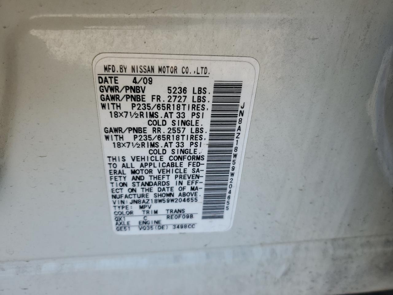 2009 Nissan Murano S VIN: JN8AZ18W59W204655 Lot: 81743075