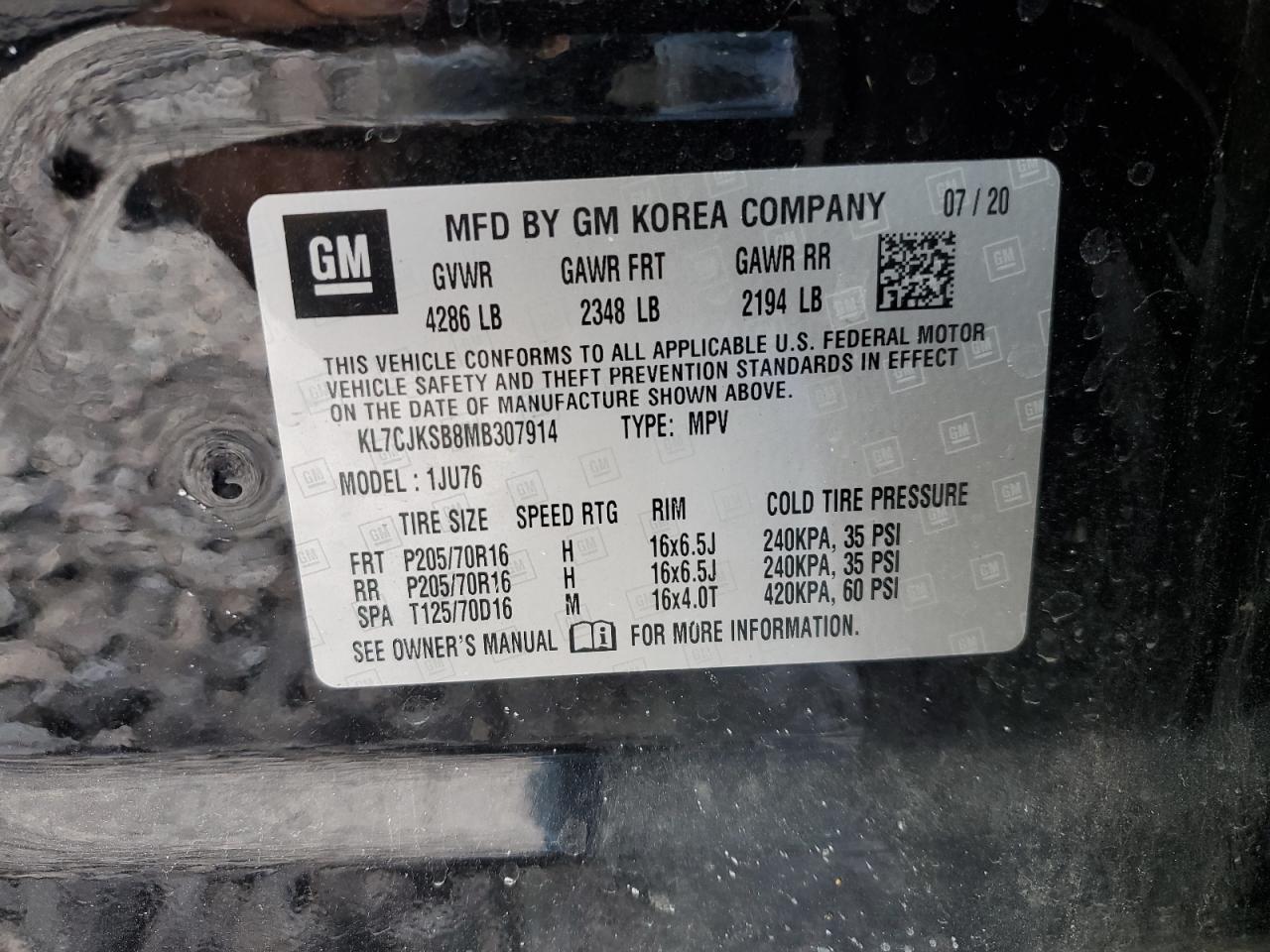 2019 Chevrolet Trax Ls VIN: KL7CJKSB8MB307914 Lot: 81770785