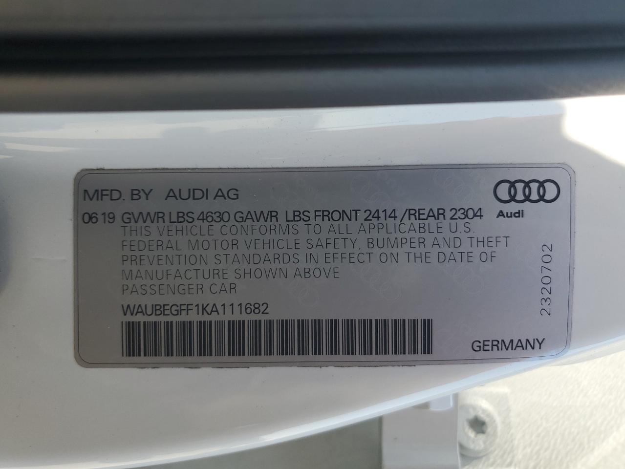2019 Audi A3 Premium VIN: WAUBEGFF1KA111682 Lot: 71319575