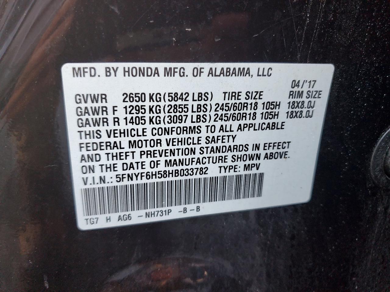 2017 Honda Pilot Exl VIN: 5FNYF6H58HB033782 Lot: 71796835