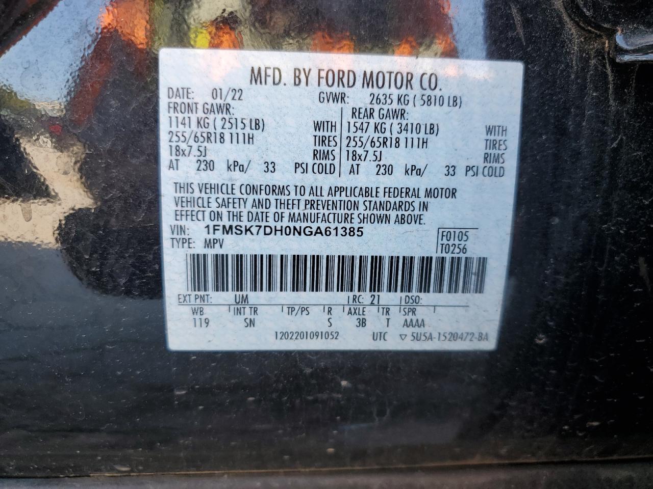 2022 Ford Explorer Xlt VIN: 1FMSK7DH0NGA61385 Lot: 81455565