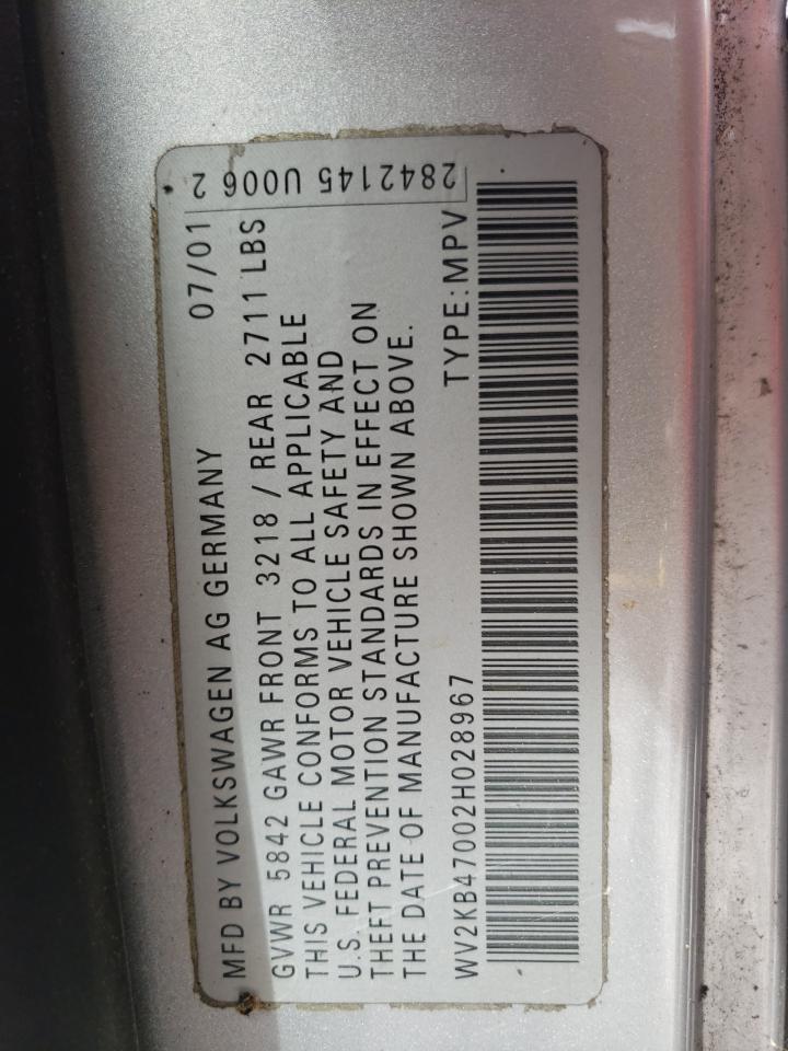 2003 Volkswagen Eurovan Gls VIN: WV2KB47002H028967 Lot: 80653635