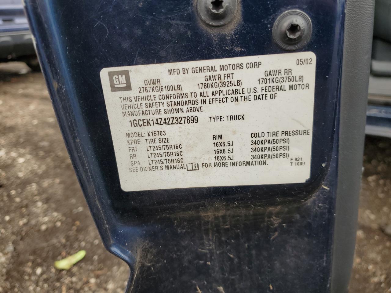 2002 Chevrolet Silverado K1500 VIN: 1GCEK14Z42Z327899 Lot: 81724325