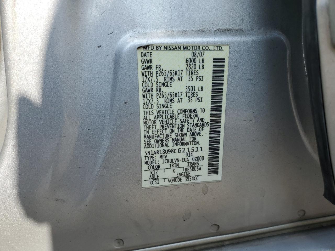 2008 Nissan Pathfinder S VIN: 5N1AR18U98C621511 Lot: 80754455