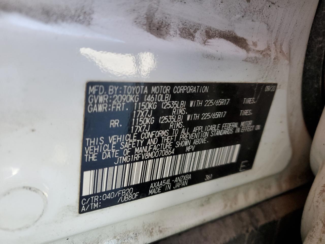 2021 Toyota Rav4 Le VIN: JTMG1RFV8MD070864 Lot: 84016295