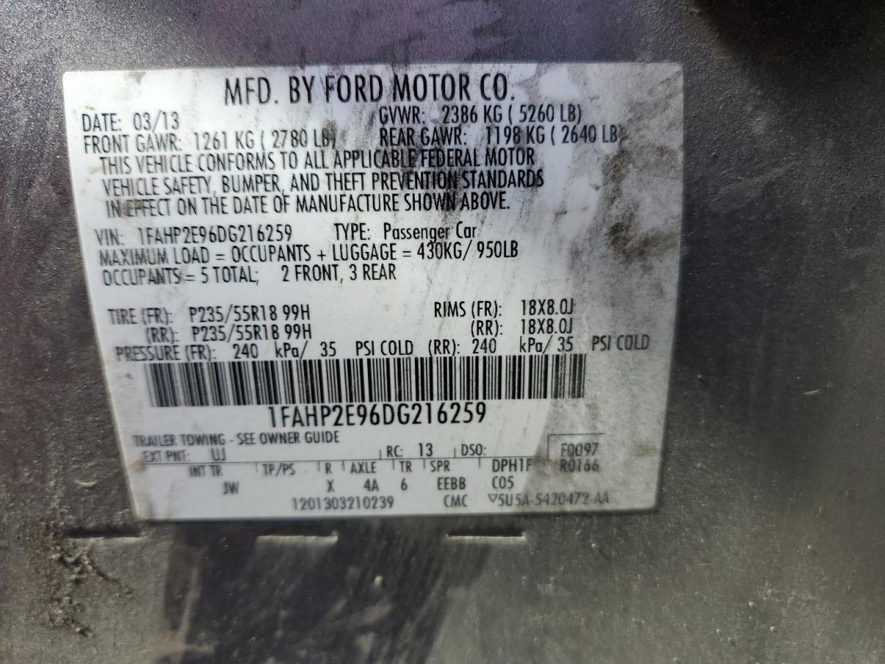 2013 Ford Taurus Sel VIN: 1FAHP2E96DG216259 Lot: 84374625