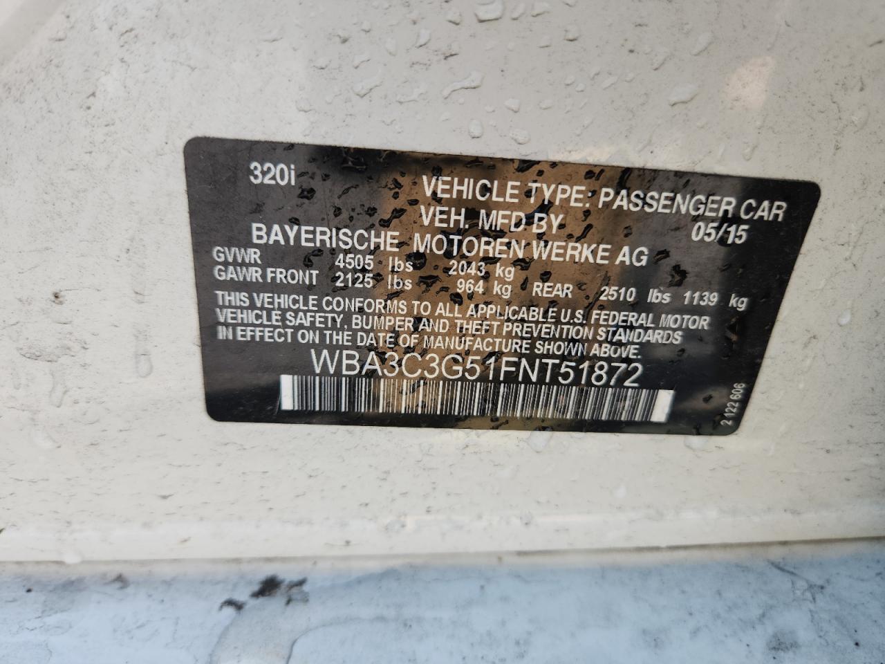 2015 BMW 320 I xDrive VIN: WBA3C3G51FNT51872 Lot: 71964175