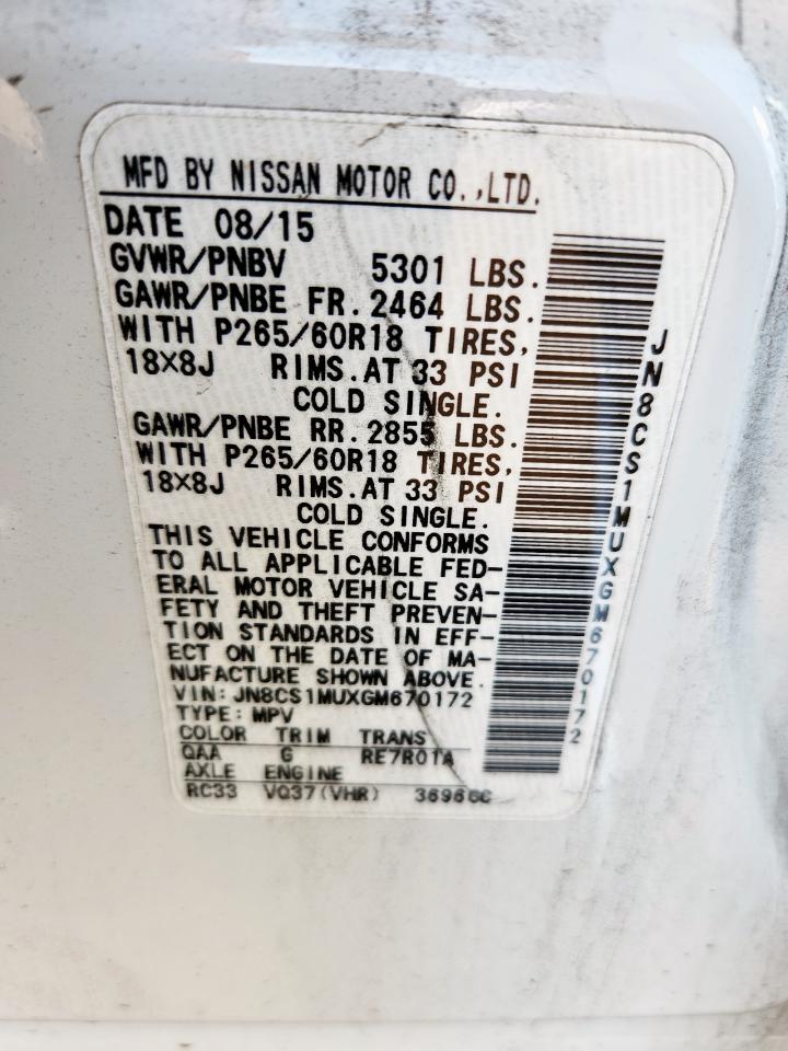 2016 Infiniti Qx70 VIN: JN8CS1MUXGM670172 Lot: 80396885