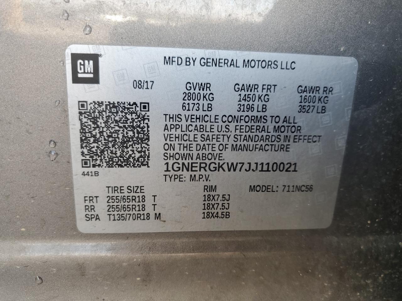 2018 Chevrolet Traverse Lt VIN: 1GNERGKW7JJ110021 Lot: 80708115