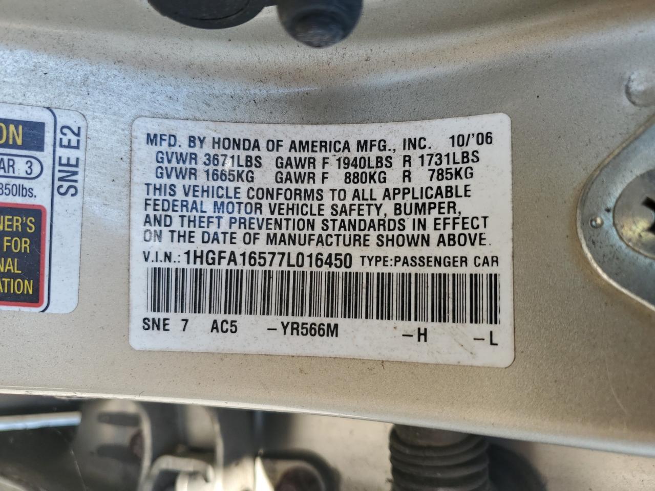 2007 Honda Civic Lx VIN: 1HGFA16577L016450 Lot: 80725325