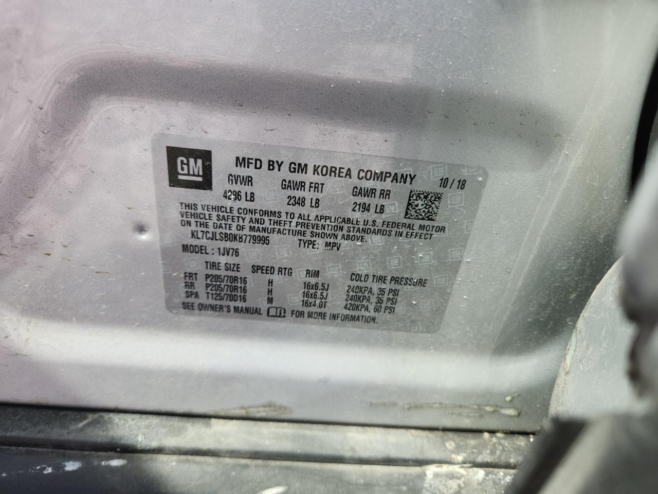 2019 Chevrolet Trax 1Lt VIN: KL7CJLSB0KB779995 Lot: 80146205