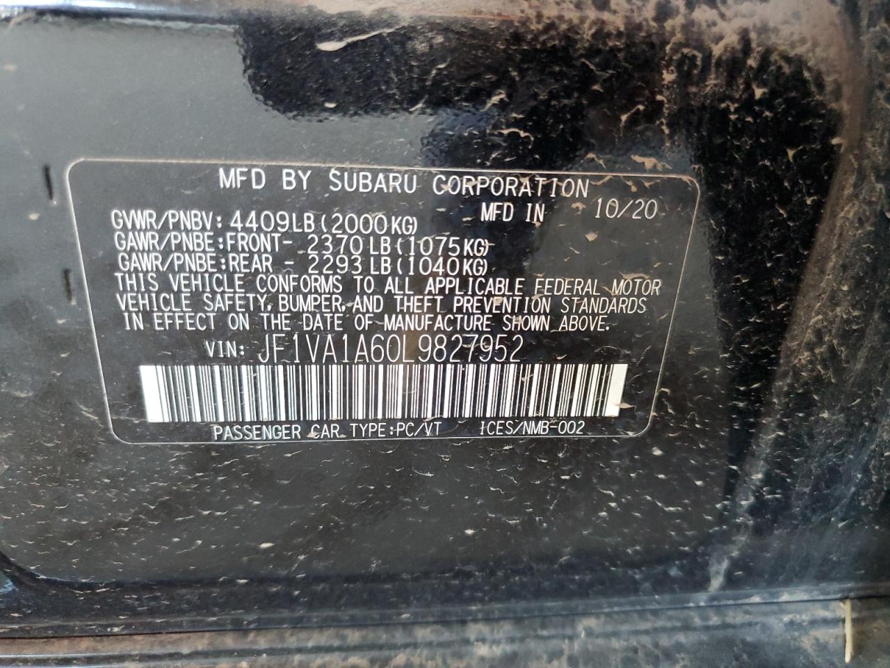 2020 Subaru Wrx VIN: JF1VA1A60L9827952 Lot: 80132545