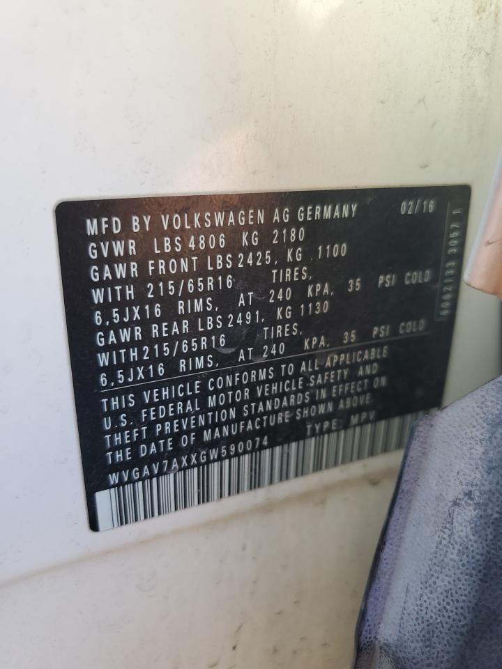 2016 Volkswagen Tiguan S VIN: WVGAV7AXXGW590074 Lot: 81805035