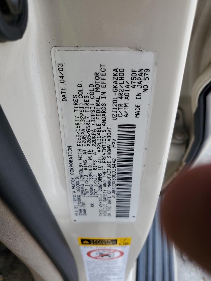 2003 Lexus Gx 470 VIN: JTJBT20X330015442 Lot: 83822715