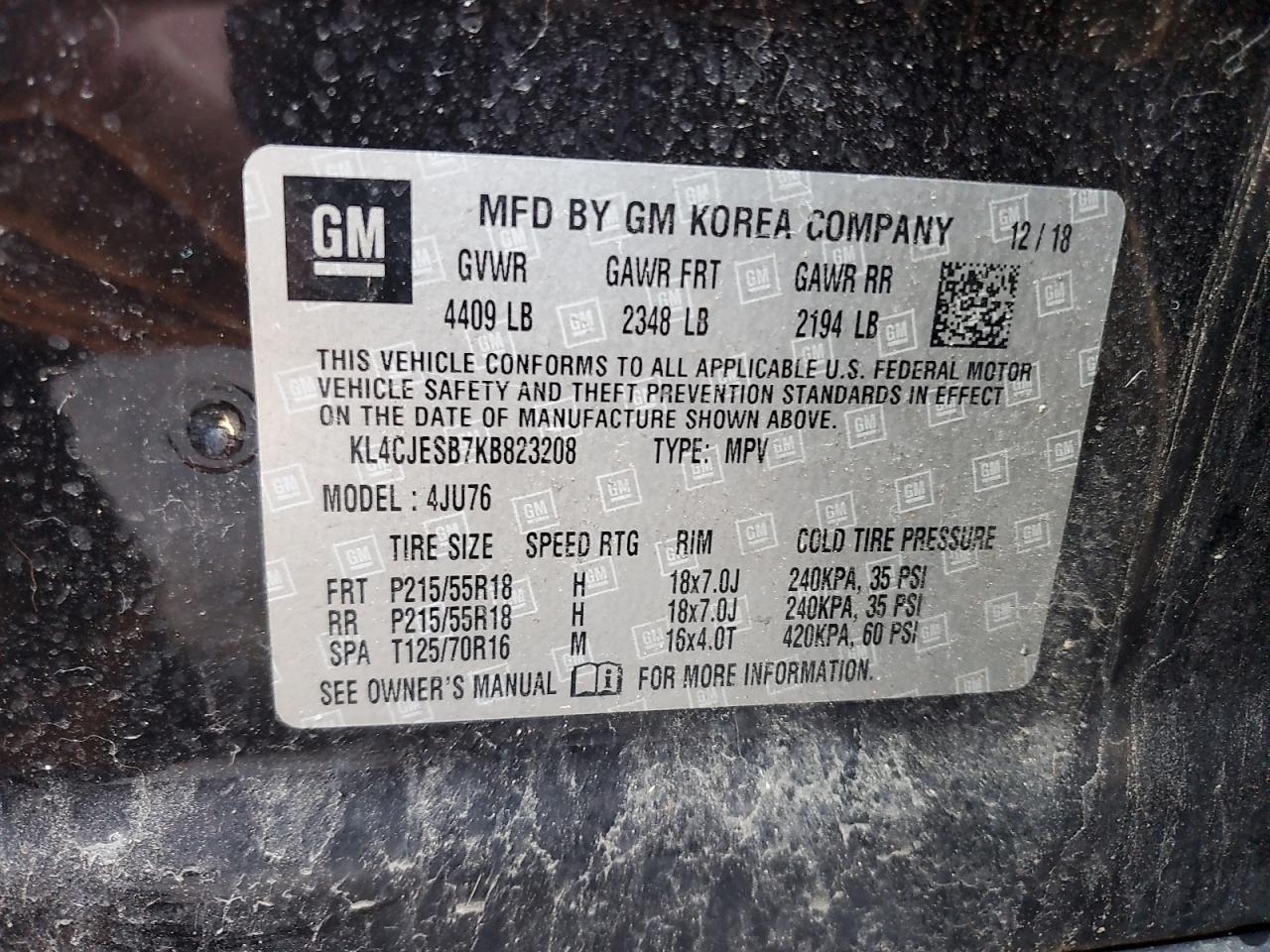 2019 Buick Encore Preferred VIN: KL4CJESB7KB823208 Lot: 81061605