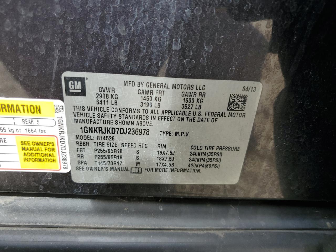 2013 Chevrolet Traverse Lt VIN: 1GNKRJKD7DJ236978 Lot: 81486305