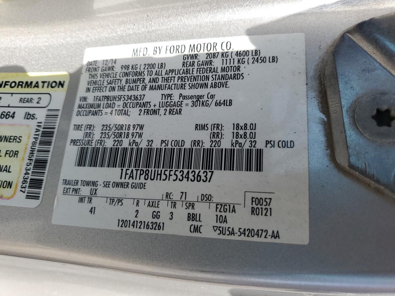 2015 Ford Mustang VIN: 1FATP8UH5F5343637 Lot: 80071285