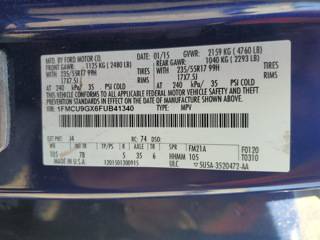 2015 Ford Escape Se VIN: 1FMCU9GX6FUB41340 Lot: 84007685