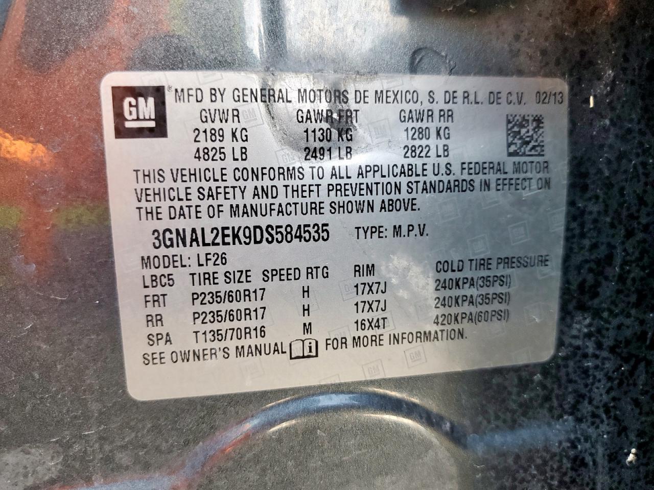 2013 Chevrolet Captiva Ls VIN: 3GNAL2EK9DS584535 Lot: 71671465