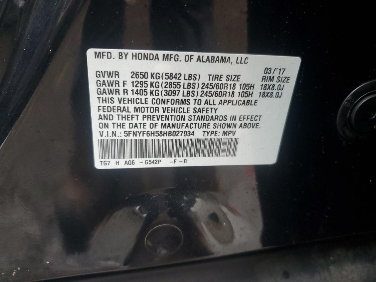 2017 Honda Pilot Exl VIN: 5FNYF6H58HB027934 Lot: 81259745