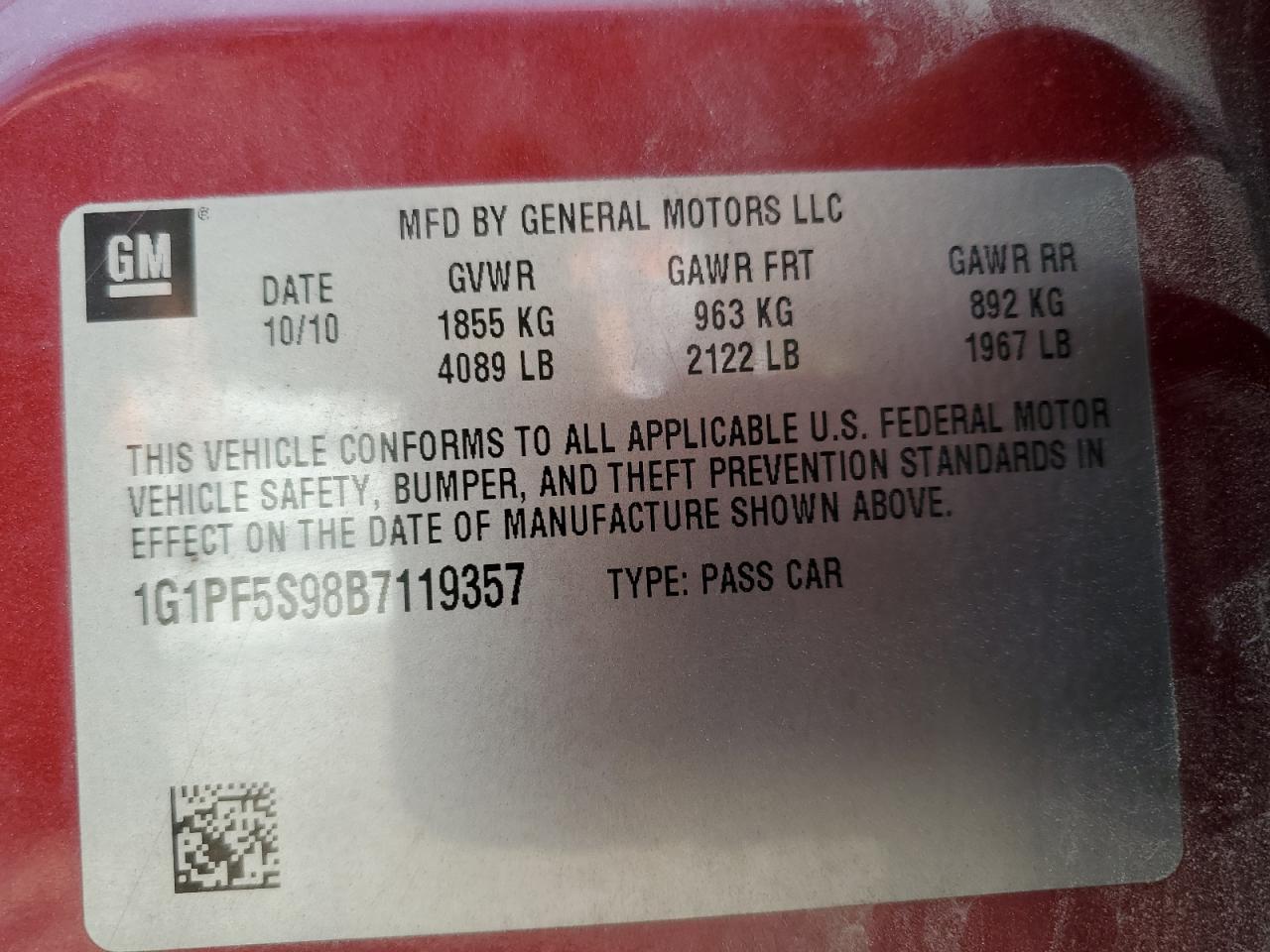 2011 Chevrolet Cruze Lt VIN: 1G1PF5S98B7119357 Lot: 80953105