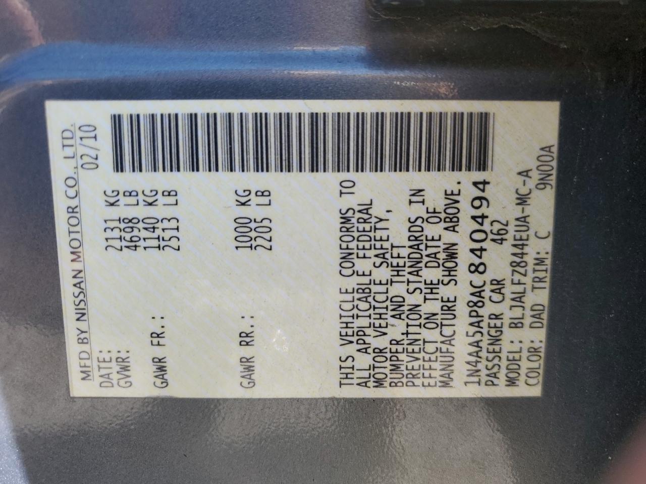 2010 Nissan Maxima S VIN: 1N4AA5AP8AC840494 Lot: 81265255