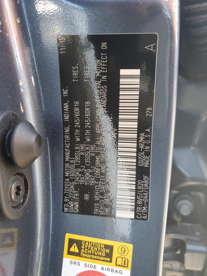 2019 Toyota Highlander Se VIN: 5TDJZRFH4KS746625 Lot: 80574685