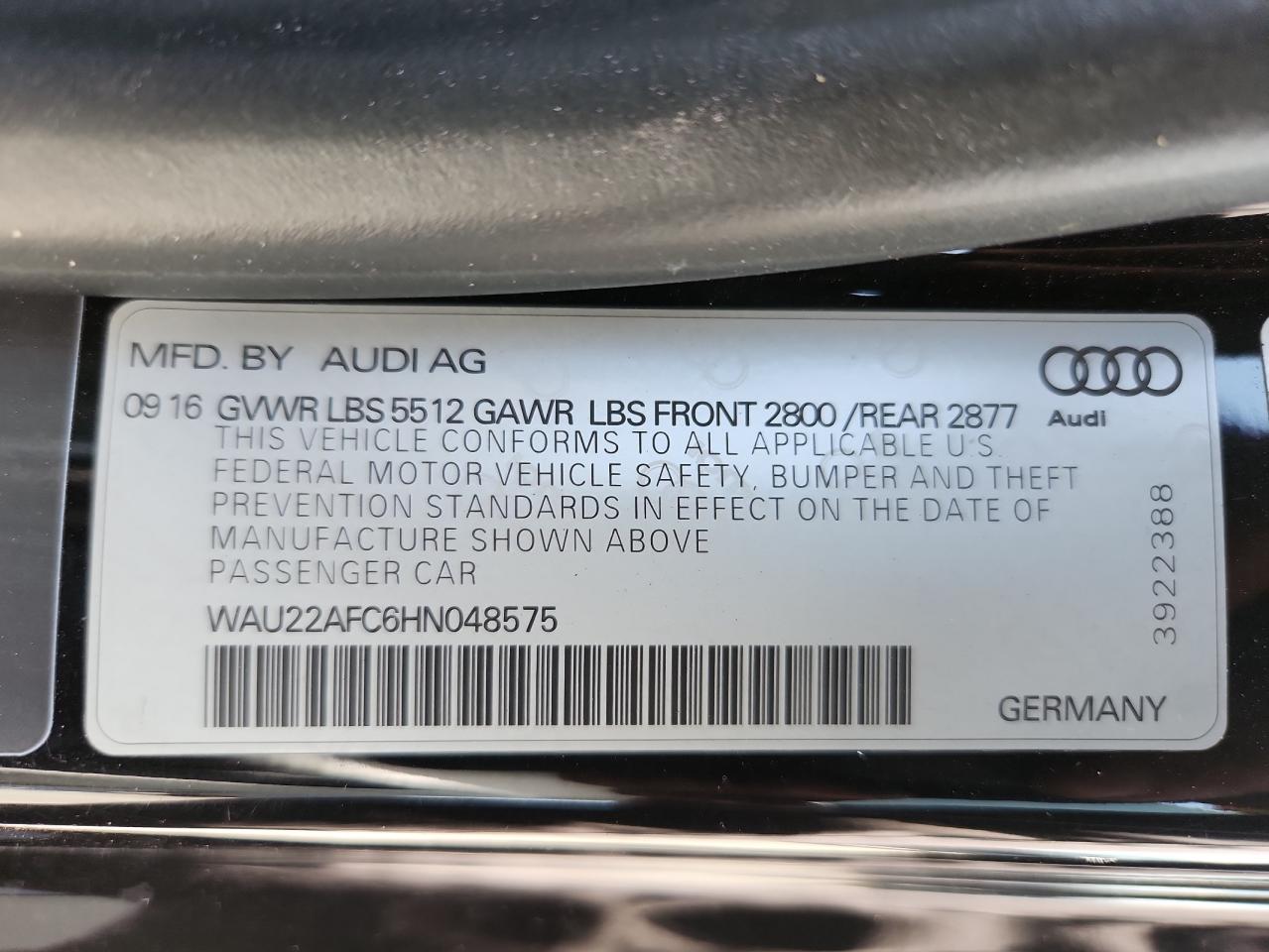 2017 Audi A7 Prestige VIN: WAU22AFC6HN048575 Lot: 71486935