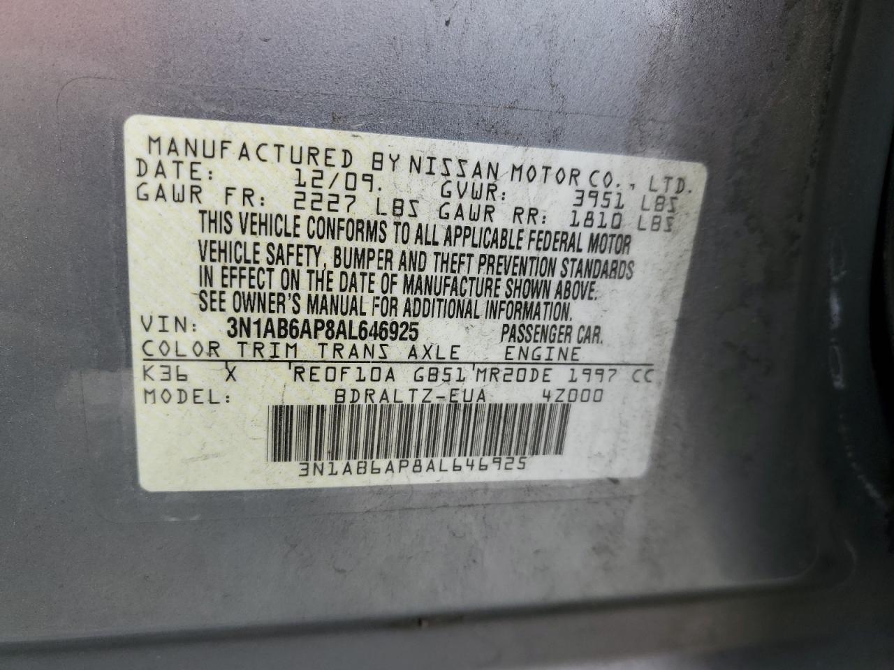 2010 Nissan Sentra 2.0 VIN: 3N1AB6AP8AL646925 Lot: 81792375