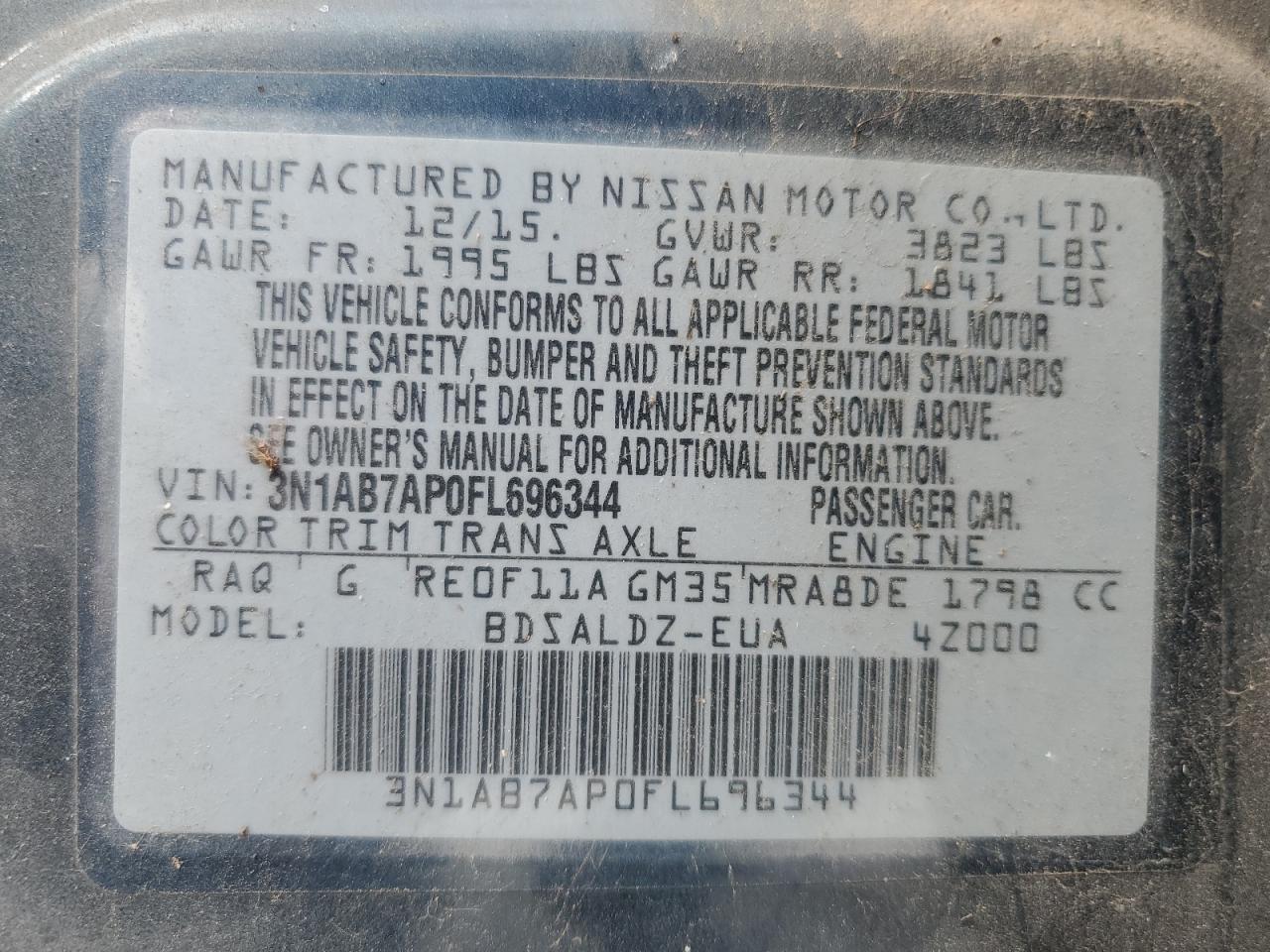 2015 Nissan Sentra S VIN: 3N1AB7AP0FL696344 Lot: 81796545