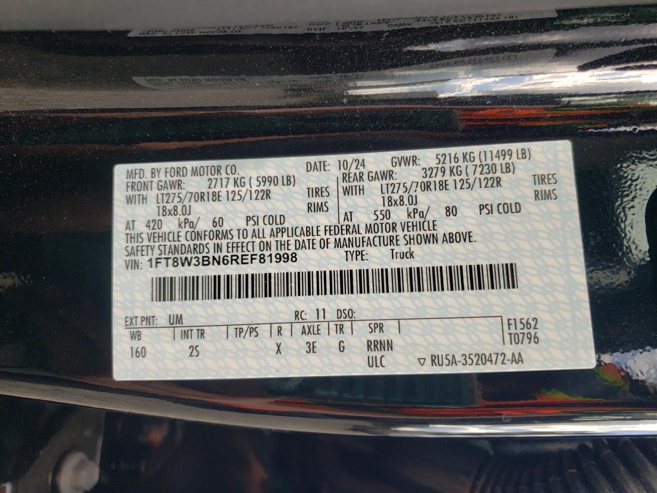 2024 Ford F350 Super Duty VIN: 1FT8W3BN6REF81998 Lot: 70305125