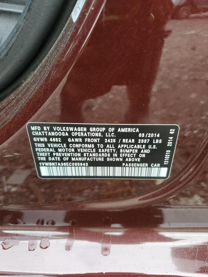 2014 Volkswagen Passat Se VIN: 1VWBN7A36EC085943 Lot: 83946815