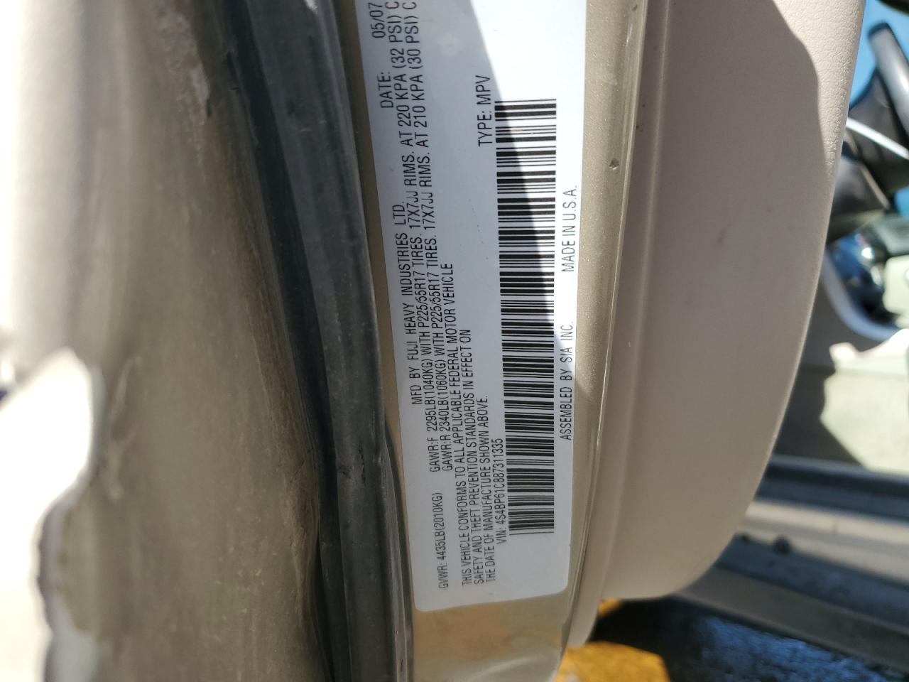 2008 Subaru Outback 2.5I VIN: 4S4BP61C887311335 Lot: 83808455