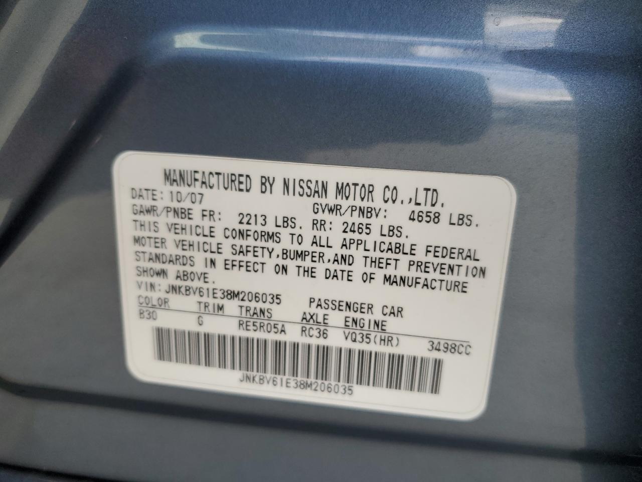 2008 Infiniti G35 VIN: JNKBV61E38M206035 Lot: 80271675