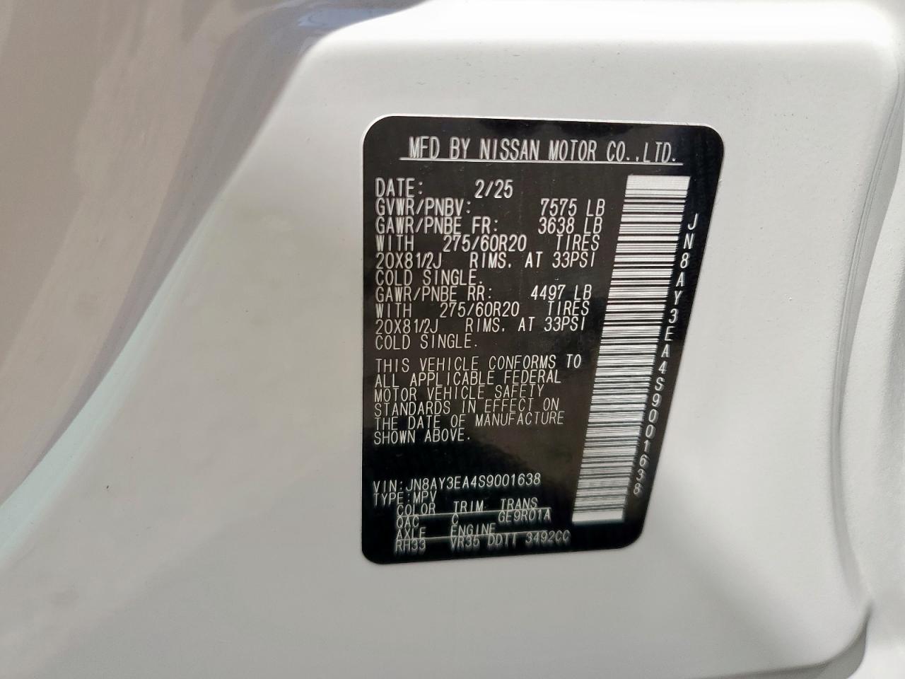 2025 Nissan Armada Platinum VIN: JN8AY3EA4S9001638 Lot: 72098995