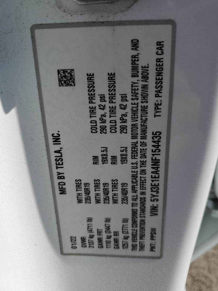 2022 Tesla Model 3 VIN: 5YJ3E1EA4NF154435 Lot: 71522475