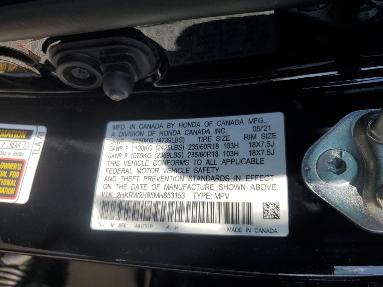 2021 Honda Cr-V Exl VIN: 2HKRW2H85MH653153 Lot: 81036895