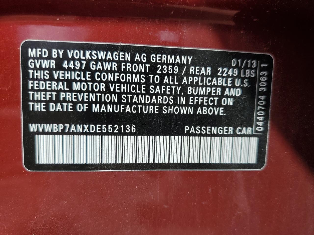 2013 Volkswagen Cc Sport VIN: WVWBP7ANXDE552136 Lot: 70729255