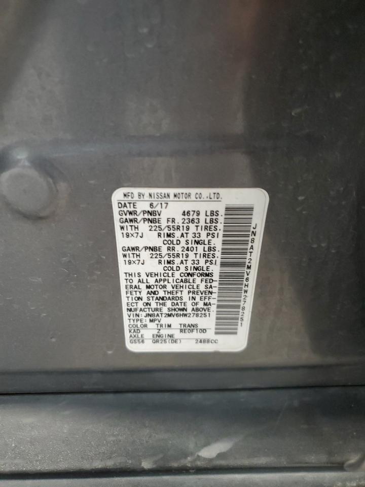 2017 Nissan Rogue S VIN: JN8AT2MV6HW278251 Lot: 71113575